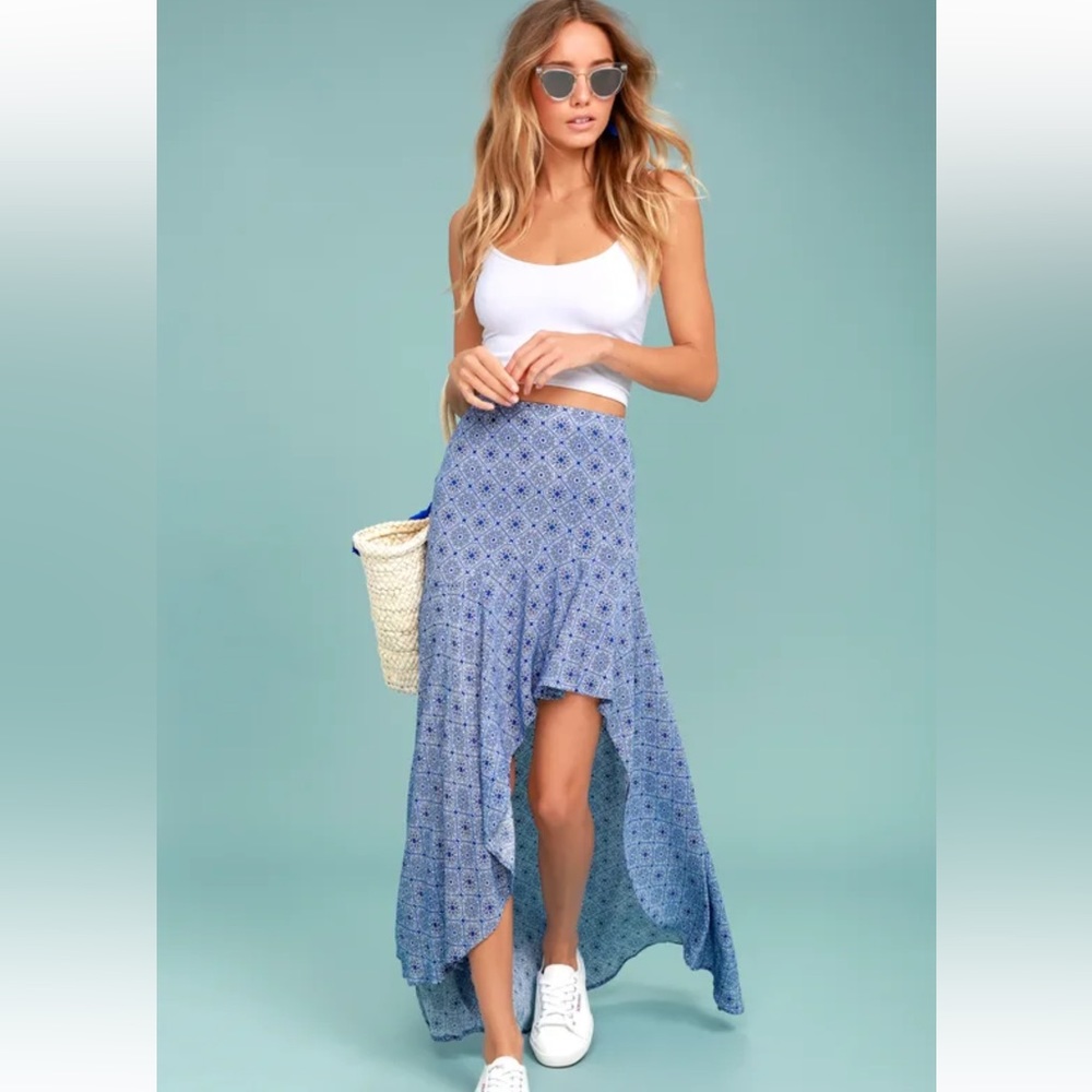 LULUS blue and white high low maxi skirt